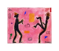 a drawing of two people dancing on a pink background