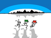 three people are running in the snow with hats on their heads