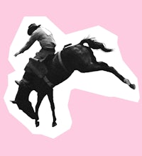 a black and white image of a cowboy riding a horse