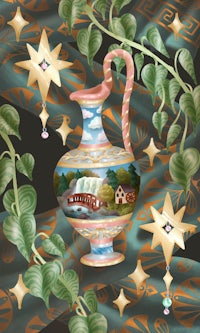 a painting of a jug with leaves and stars