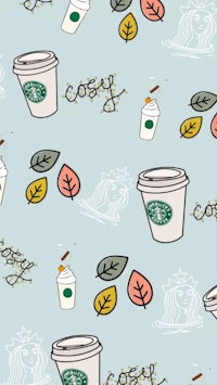 a pattern with starbucks coffee cups and leaves