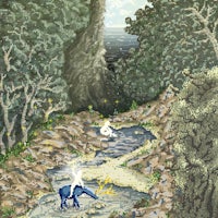 an illustration of two elephants in a forest