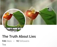 a frog drinking tea with the caption that's home truth about lies