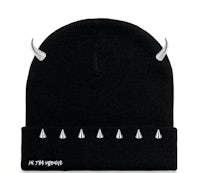 a black beanie with horns on it