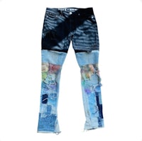 a pair of jeans with colorful patches on them