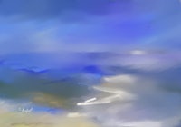 a painting of a beach with a blue sky