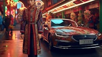 a woman in a chinese costume standing next to a car