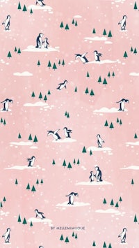 a pink background with penguins and trees