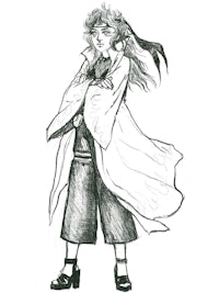 a black and white drawing of a girl in a kimono