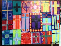a painting of many different colored crosses