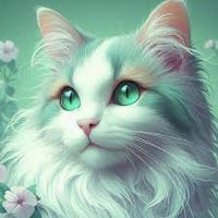 a painting of a white cat with green eyes