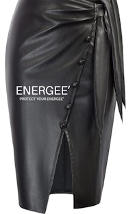 a black leather skirt with the word energee on it