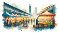 a watercolor painting of a market in taiwan