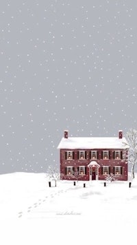 a painting of a red house in the snow