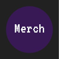 a purple button with the word'merch'on it