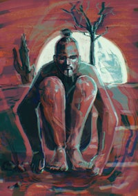 a painting of a man kneeling in front of a tree