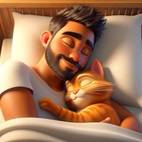 an illustration of a man hugging a cat