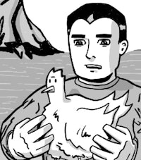 a black and white drawing of a man holding a chicken