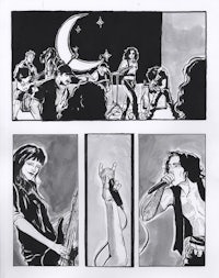 a black and white comic strip showing a woman playing a guitar