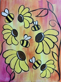 a painting with yellow flowers and bees on it