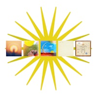 a yellow sun with several pictures in it