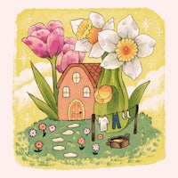 a drawing of a house with daffodils and flowers