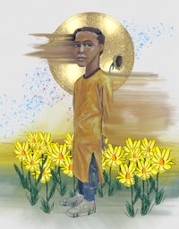 a drawing of a man standing in a field of yellow flowers