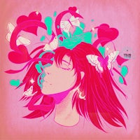 an illustration of a girl with pink hair and butterflies on her head
