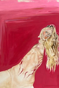 a painting of a woman laying on a red background