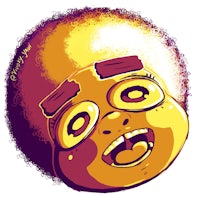 a cartoon drawing of a yellow face with big eyes