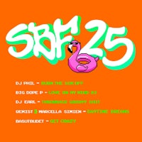 a poster for srf 25 featuring a pink flamingo