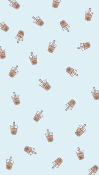 a blue background with a pattern of coffee cups and straws