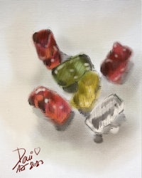 a painting of gummy bears on a white surface