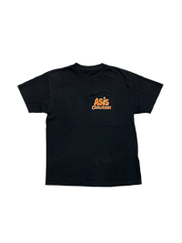 a black t - shirt with an orange logo on it