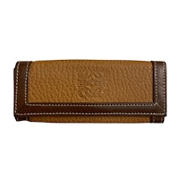 a tan leather wallet with a brown trim