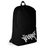 a black backpack with white graffiti on it