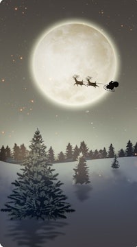 santa claus flying over a snowy landscape with a full moon