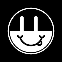 a black and white logo with a smiley face