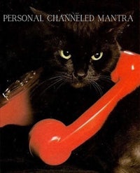 a black cat sitting on a red telephone with the words personal channeled mantra