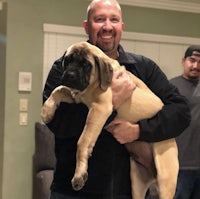 a man is holding a large dog in his arms