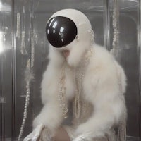 a woman in a white fur coat sitting in a glass box