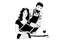 a black and white illustration of a man and woman reading a book
