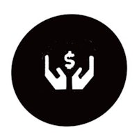 a black and white icon with two hands holding a dollar sign