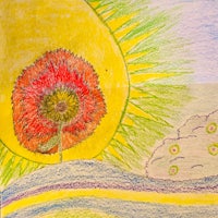 a drawing of a flower with the sun behind it