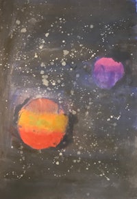 a painting of two planets in space