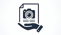 a hand holding a document with a camera icon