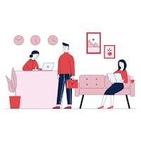 a flat illustration of a man and woman working at a desk