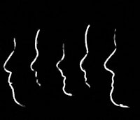 a black background with silhouettes of people's faces