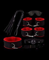 a black and red fetish set with black and red accessories