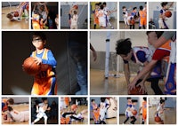 a collage of photos of children playing basketball